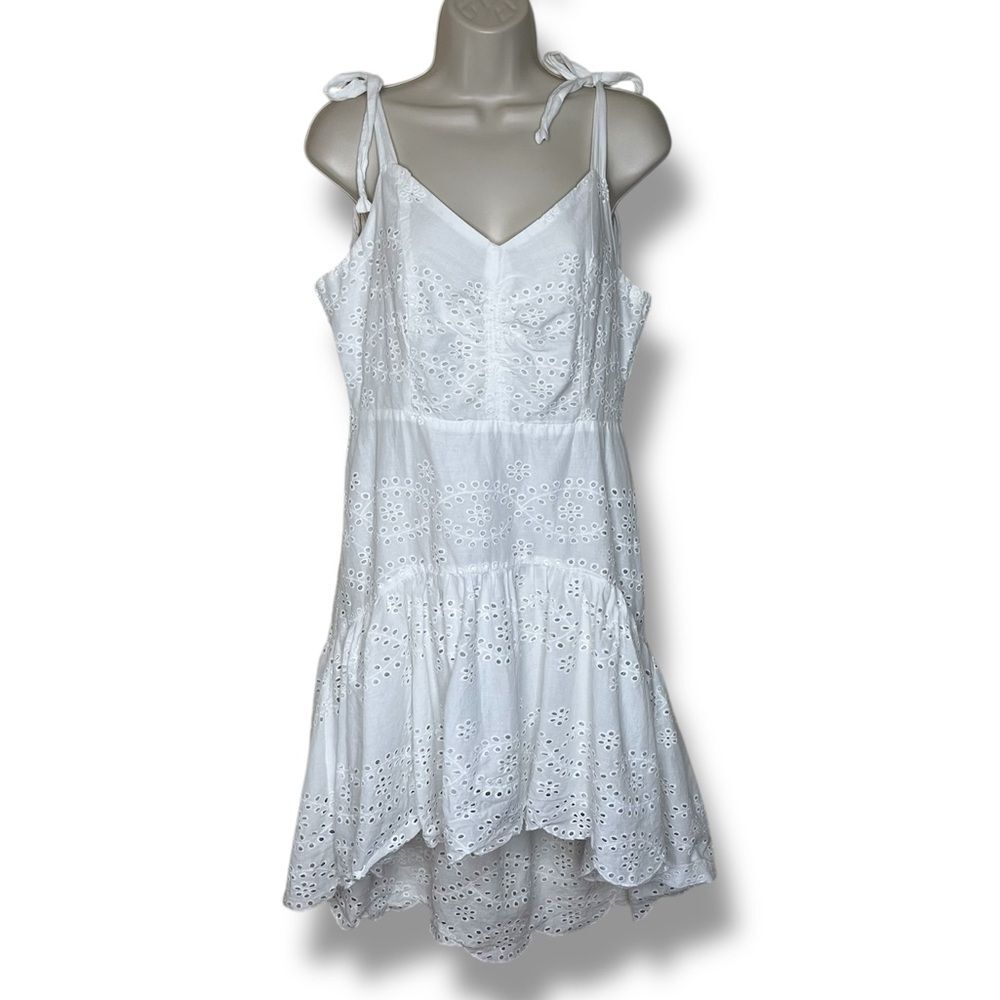Venus White Eyelet High Low Tie Shoulder Strap Women 12 Cotton Tiered Smock Back